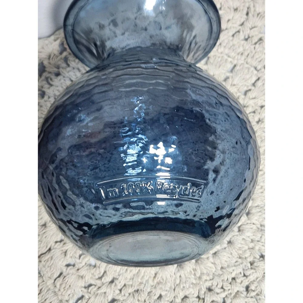 Blue Recycled Glass Vase Hammered Texture Round Bulbous Floral Decor 7.5 inch